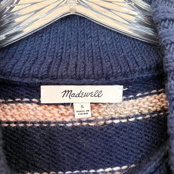 Madewell Wool Blend Navy Pink Striped Mock Neck Preppy Knit Pullover Sweater S - Picture 4 of 6